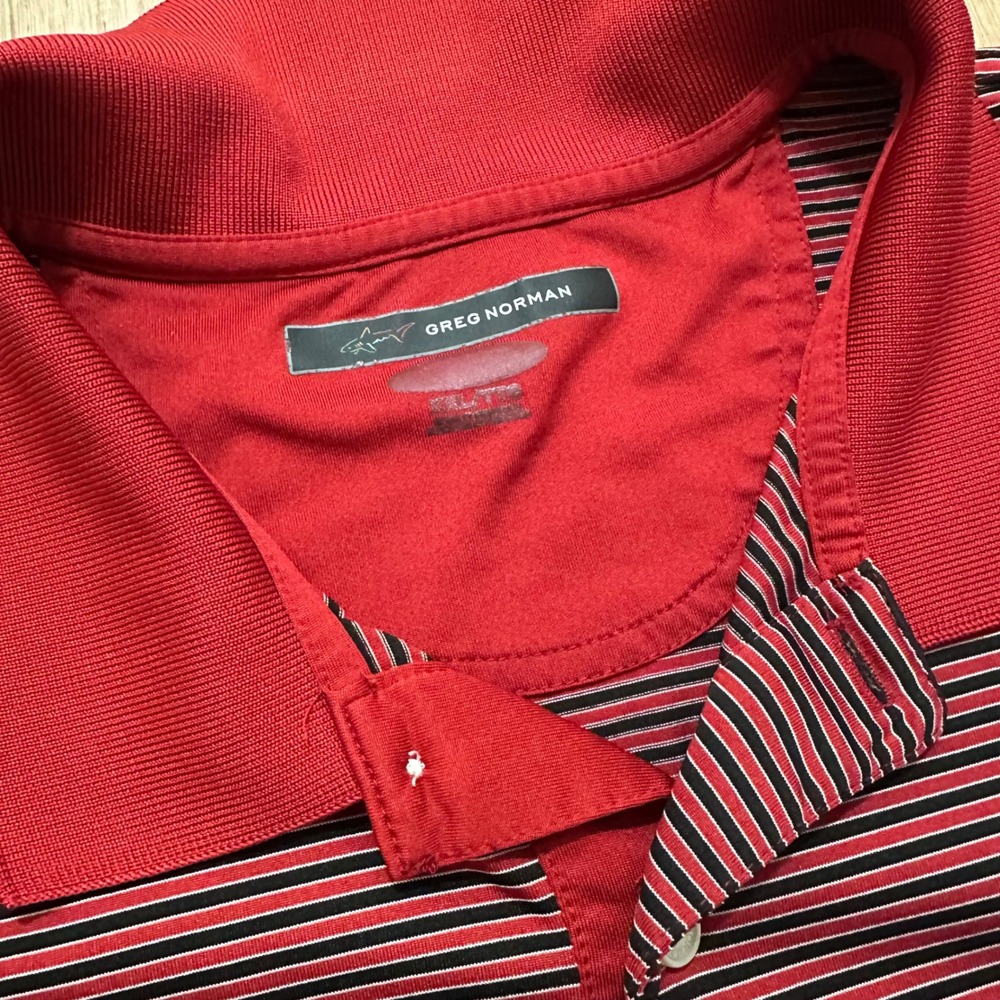 GREG NORMAN | Men's Red Black Stripe Athletic Golf Fish Polo Shirt, XXL/ 2XL - Picture 3 of 9